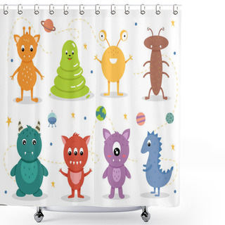 Personality  Set Of Monsters With Planets And Stars On A White Background. Cute Cartoon Space Monster In Flat Style For Kids. For Printing On Clothes, Textiles, Children's Toys. Vector Illustration Shower Curtains