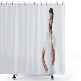 Personality  Thoughtful African American Man In Grey T-shirt, Isolated On Grey Shower Curtains