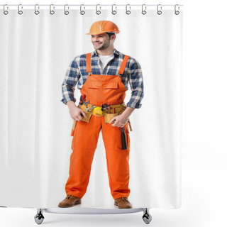 Personality  Smiling Builder In Orange Overall And Tool Belt Isolated On White Shower Curtains