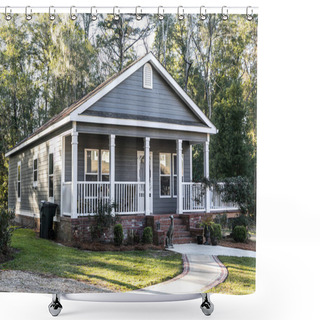 Personality  Close Up Of Small Blue Gray Mobile Home With A Front And Side Porch With White Railing Shower Curtains