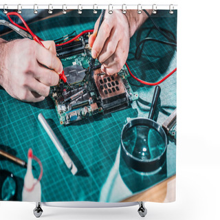 Personality  Close-up View Of Male Engineer Testing Circuit Board Shower Curtains