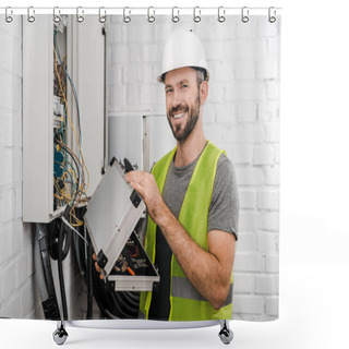 Personality  Smiling Electrician Holding Toolbox Near Electrical Box In Corridor And Looking At Camera Shower Curtains
