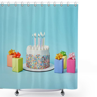 Personality  Delicious Cake With Candles, Colorful Gifts And Confetti On Blue Background Shower Curtains