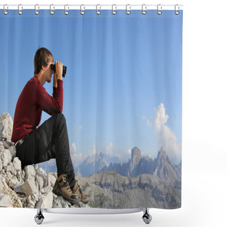 Personality  Searching The Destination Through Binoculars In The Mountains Shower Curtains
