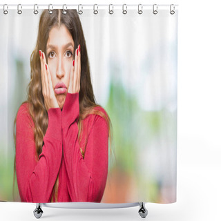 Personality  Young Beautiful Woman Wearing Red Sweater Tired Hands Covering Face, Depression And Sadness, Upset And Irritated For Problem Shower Curtains