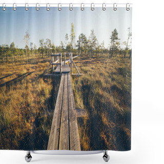 Personality  Wooden Footpath On The Bog. Retro Grainy Film Look. Shower Curtains