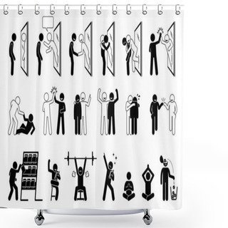 Personality  Self Help Metaphor In Stick Figure Pictogram Icons. Vector Illustration Concept Of A Person Helping Himself By Reading Self Help Book. The Person In The Mirror Reflection Come Out And Give Confident. Shower Curtains