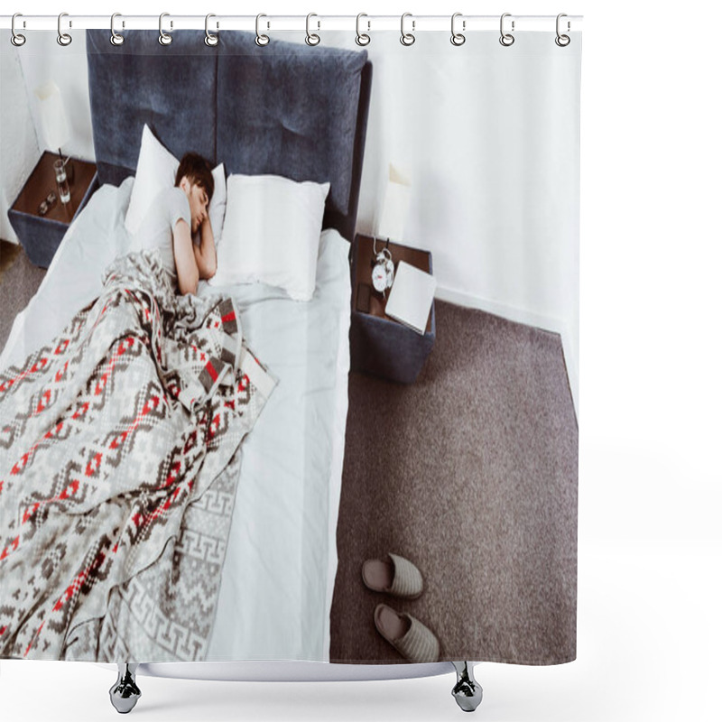 Personality  High Angle View Of Young Man Sleeping In Bed At Home  Shower Curtains