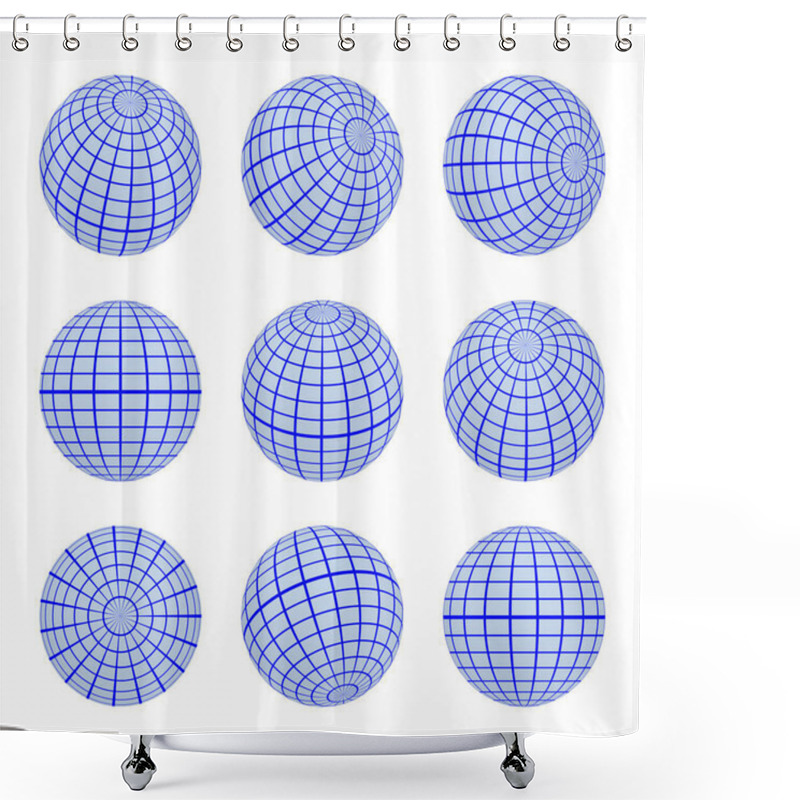 Personality  Set spheres globe earth grid from different sides. Horizontal and vertical lines, latitude and longitude in blue colors shower curtains