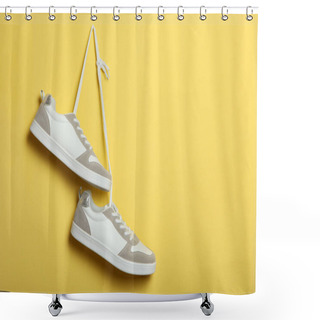 Personality  Modern Trendy Sneakers Hang On Laces On A Colored Background. Casual Shoes, Sports Shoes. Place To Insert Text. Shower Curtains