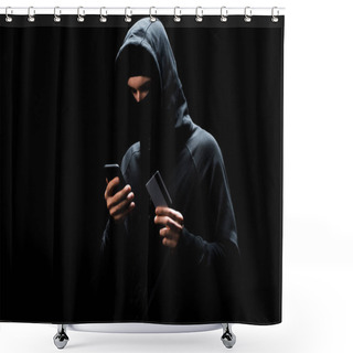 Personality  Hacker In Mask Using Smartphone And Holding Credit Card Isolated On Black  Shower Curtains