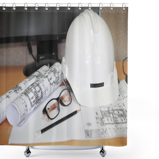 Personality  File Of Safety Helmet And Architect Plant On Wood Table Shower Curtains