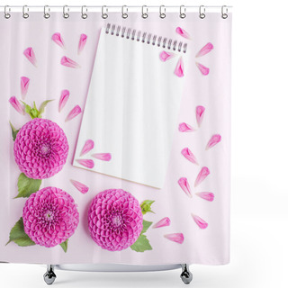 Personality  Dahlia Ball-barbarry Flowers And Petals With Green Leaves And Buds - Top View On Pink Delicate Summer Blooms With Notepad As Copy Space On Pastel Background. Romantic Template For Floral Design. Shower Curtains