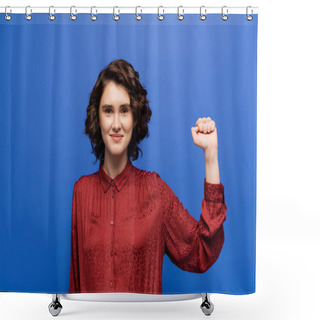 Personality  Young Joyful Woman In Red Blouse Success Gesture While Smiling At Camera Isolated On Blue Shower Curtains