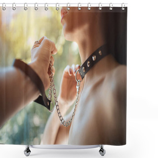 Personality  Closeup Of Erotic Play Lovers In Black Bdsm Choker And Leash Shower Curtains