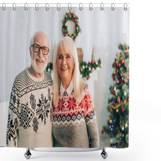 Personality  Happy Senior Couple Looking At Camera With Christmas Decoration On Background Shower Curtains