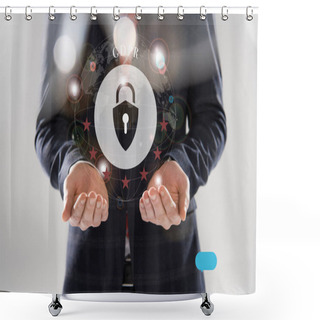 Personality  Cropped View Of Businessman In Suit With Outstretched Hands And Gdpr Letters And Lock Illustration In Front  Shower Curtains