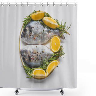 Personality  Flat Lay With Fish Decorated By Rosemary And Lemon On Plate Shower Curtains