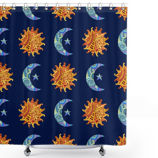 Personality  Seamless Pattern With Hand Drawn Sun, New Moon And Star. Illustration In Zentangle Style. Shower Curtains