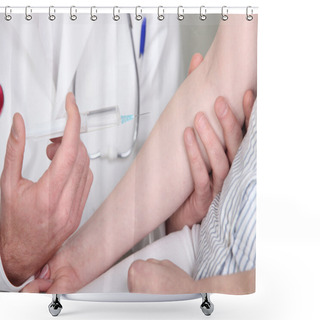 Personality  Doctor Injecting Patient With Syringe Shower Curtains