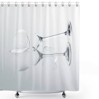 Personality  Broken Wineglass On White Reflecting Tabletop Shower Curtains