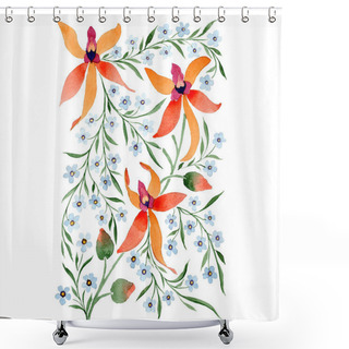 Personality  Blue And Orange Flowers. Watercolour Drawing Of Background With Orchids And Forget Me Nots. Shower Curtains
