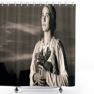 Personality  Tinted Antique Closeup Portrait Of Slavic Woman From The Past. Historical Reconstruction Of The Image Shower Curtains