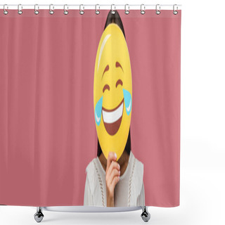 Personality  KYIV, UKRAINE - AUGUST 8, 2019: Panoramic Shot Of Woman Covering Face With Smiley Isolated On Pink  Shower Curtains