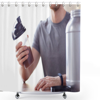 Personality  Close Up Of Man With Protein Shake Bottle And Jar Shower Curtains