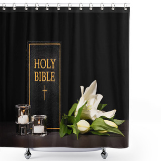 Personality  Lily, Candles And Holy Bible On Black Background, Funeral Concept Shower Curtains
