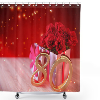 Personality  Birthday Concept With Red Roses In Gift On Wooden Desk. Eightieth. 80th. 3D Render Shower Curtains