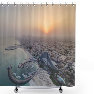 Personality  Sunrise. Aerial View Of Jumeirah Beach From Helicopter Pad Burj Al Arab At Morning, Dubai, UAE Timelapse Wide Angle Lens Shower Curtains