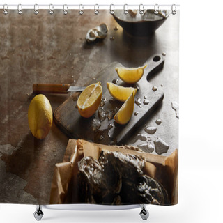 Personality  Selective Focus Of Oysters In Shell Near Melting Ice On Cutting Board  Shower Curtains