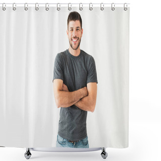 Personality  Happy Hispanic Young Guy With His Arms Crossed And Smiling In Front Of A White Background Shower Curtains