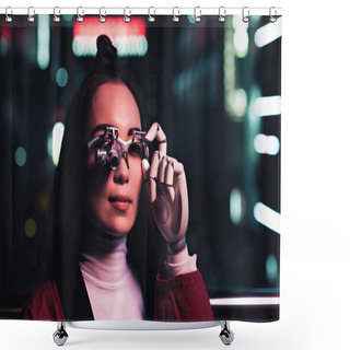 Personality  Attractive Asian Girl With Futuristic Arm And Eye Prosthesis On Street In Evening, City Of Future Concept Shower Curtains