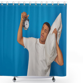 Personality  Sleepy African American Man Lying On Pillow And Looking At Retro Alarm Clock On Blue Background Shower Curtains