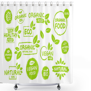 Personality  Set Of Vegan, Eco, Bio, Organic, Fresh, Healthy, 100 Percent, Nateral Food. Natural Product. Collection Of Emblem Cafe, Badges, Tags, Packaging. Vector Illustration. Shower Curtains