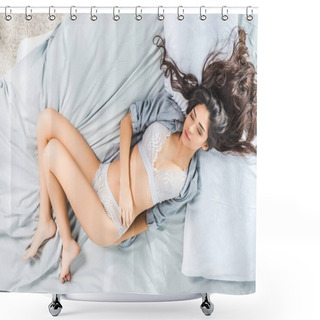 Personality  Young Woman In Lingerie On Bed Shower Curtains
