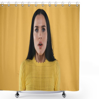 Personality  Shocked And Scared Brunette Woman Looking At Camera Isolated On Yellow Shower Curtains