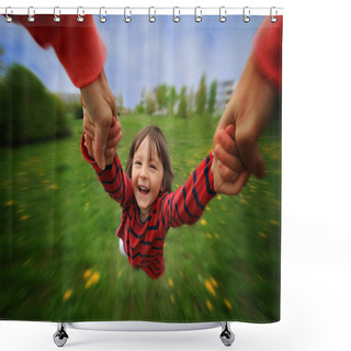 Personality  Mother, Spinning In Circle Her Little Baby Boy, Pure Joy, Radial Blur, Springtime, Daytime Shower Curtains