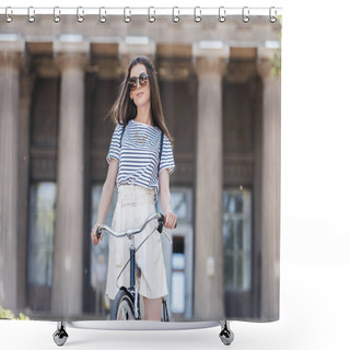 Personality  Portrait Of Stylish Young Woman In Sunglasses With Retro Bicycle Standing On Street Shower Curtains