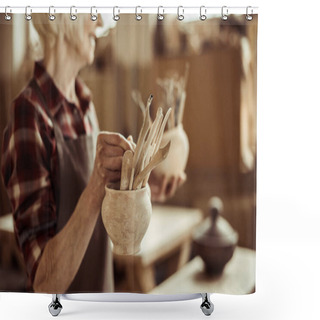 Personality  Senior Woman Holding Bowls With Pottery Tools At At Workshop Shower Curtains