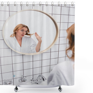 Personality  Displeased Woman In Bathrobe Looking At Hair Near Mirror In Bathroom  Shower Curtains