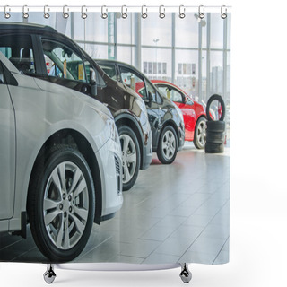 Personality  Several New Cars At Dealership Salon. Shower Curtains