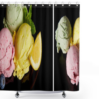 Personality  Collage Of Delicious Pink, Yellow And Green Ice Cream Balls Isolated On Black Shower Curtains