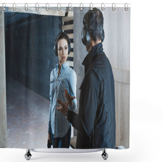 Personality  Female Customer Talking With Male Instructor In Shooting Range  Shower Curtains