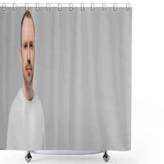 Personality  Unshaved Man With Bristle Standing In White T-shirt And Looking At Camera While Posing Isolated On Grey Background In Studio, Copy Space, Confidence And Masculinity, Banner  Shower Curtains