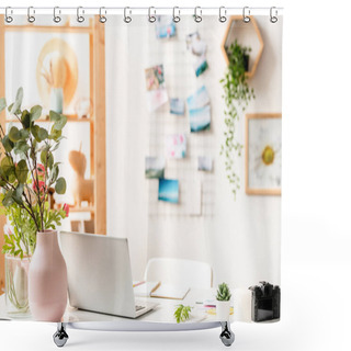 Personality  Workplace Of Designer Of Interior With Laptop, Office Supplies And Floral Compositions On Desk Shower Curtains