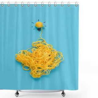 Personality  Top View Of Light Bulb Sign Made Of Yellow Yarn On Blue Background, Ideas Concept Shower Curtains