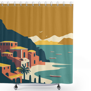Personality  Vector Illustration Of An Positano, Italy. Can Be Used As A Background. Flat Color Cartoon Style Travel Poster Shower Curtains